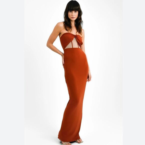 ASOS Tall Drape Twist Front Bandeau Maxi Dress With Invisible Mesh In Rust - Picture 1 of 8